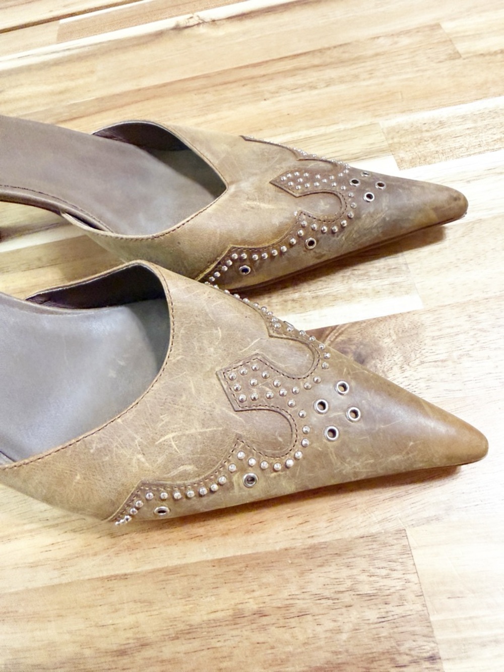 Jeffery Campbell Head-West Studded Western Pointed-Toe Heeled Mules Camel Tan - Picture 7 of 14